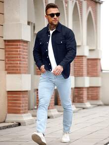 Manfinity Homme Men's Slim-Fit Blue American Casual Denim Jacket Going Out Hang Out Work Commute Street - Navy Blue - View 4