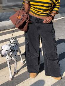 Muchica Quần cargo ống rộng cạp lệch, dáng rộng, chất liệu wash, thích hợp cho kỳ nghỉ hè, nghỉ xuân, lễ hội Carnival 2026, đi chơi, màu đen. - màu đen - Xem 4