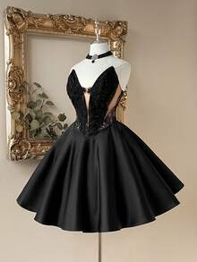 Lovelzi Elegant Contrast Color Embroidered Lace Luxury Satin Deep V-Neck Fishtail Short Dress, Suitable For Formal Occasions - Black - View 6
