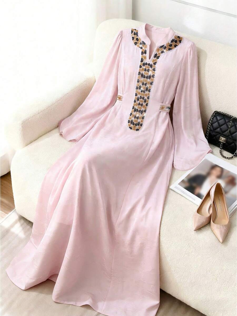 Al Najma Elegant Luxurious Beaded Flare Sleeve Waist Slimming Flared Dress - Pink - View 1
