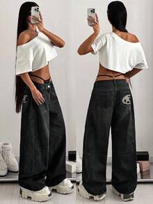 StreetHx 休闲低腰做旧宽松星星刺绣牛仔裤 - 黑色 - 查看 1