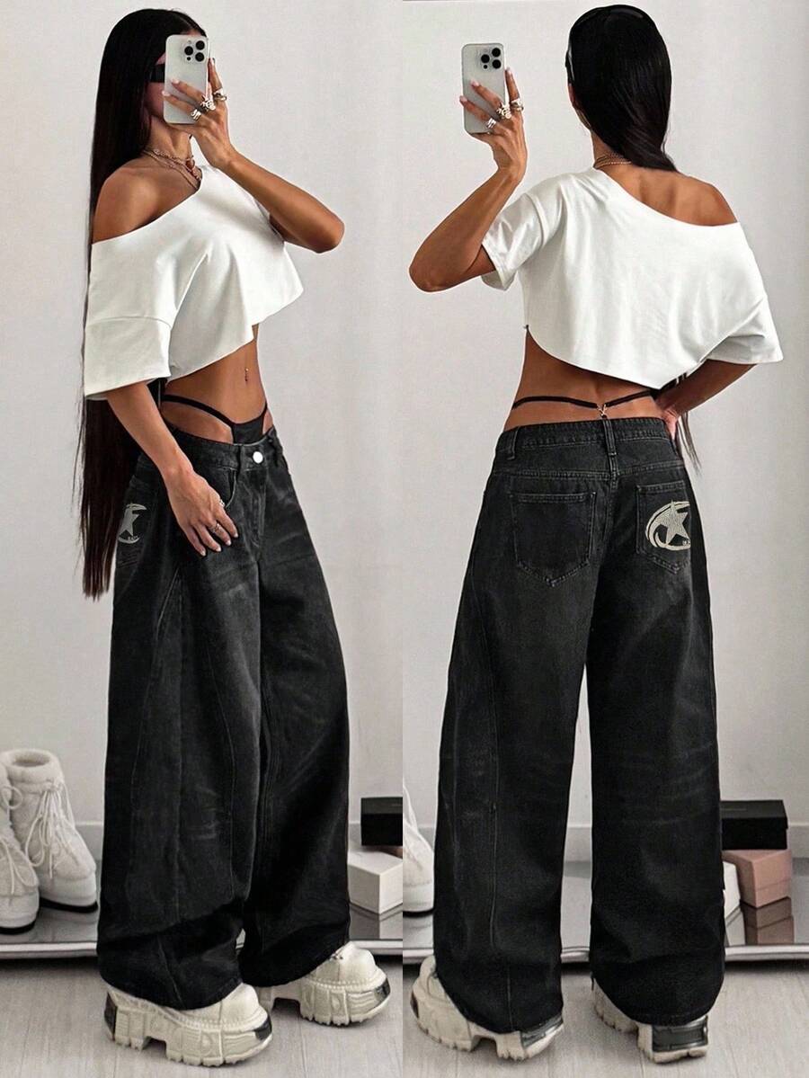 StreetHx 休闲低腰做旧宽松星星刺绣牛仔裤 - 黑色 - 查看 1