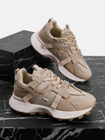 Vate Zapatillas deportivas casuales de mujer con malla y nailon en color caqui, suela gruesa y cordones, plataforma