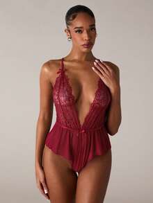 SHEIN BAE 1件装女士花卉蕾丝蝴蝶结装饰性感连体衣（无钢圈） - 酒紅色 - 查看 5