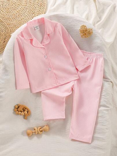 Baby Girl Button-Front Long Sleeve Shirt And Pants Loungewear Set, Casual Comfortable Sleepwear, Suitable For Cute And Sweet Little Girls