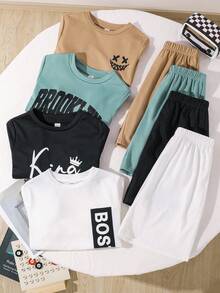 SHEIN 8件套男童休闲宽松字母印花圆领T恤短裤套装，适合通勤、上学、日常休闲穿着、运动、春夏穿着 - 彩色 - 查看 4