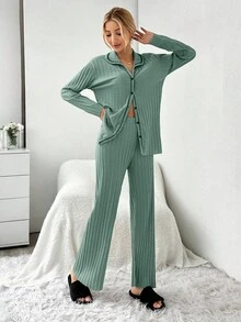 EURMUSE 2pcs/Set Contrast Color Stitching Ribbed Cardigan Pajama Set - Mint Green - View 5
