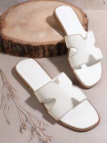SHUZIA Women Shoes Minimalist Open Toe Thin Flat Bottom Everyday Basic Slip-On Slippers PU White Sliders