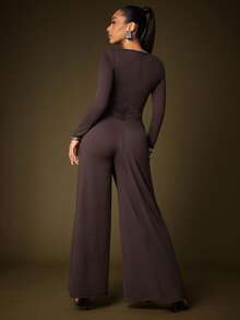 Solid Jersey Asymmetrical Panel Long Sleeve Wide Leg Jumpsuit - Black - View 2