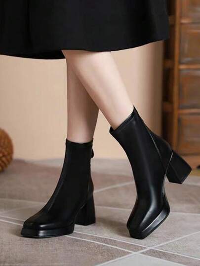 Botas retro para mujer, botas con tacón grueso, botas para mujer de color liso que estilizan la figura, diseño con puntera cuadrada, estilo informal versátil y elegante.