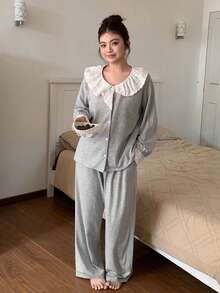 Dazy Plus Conjunto de pijama de talla grande para mujer con top de manga larga holgado con cuello de volantes asimétrico y pantalón recto, para primavera/verano/otoño - Gris - Ver 4