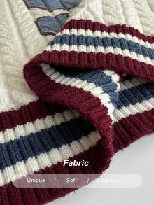 Maweii Women's Casual Daily Simple College Style Versatile Sporty Streetwear Young Fashion V-Neck Off-Shoulder Dropped Shoulder White Long-Sleeved Printed Letter Pattern Striped Color Block Loose Straight Knit Plus Size Pullover Sweater Top, Fall Winter - Multicolor - View 8