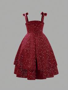 SHEIN Elegant Tween Girlsbowknot Decor A-Line Flounce Mesh Slip Dress, Suitable For Evening Party And Banquet - Burgundy - View 2