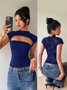 Siren Gaze Women's Lace Patchwork Hollow Out Design Batwing Sleeve Blouse, Summer Casual