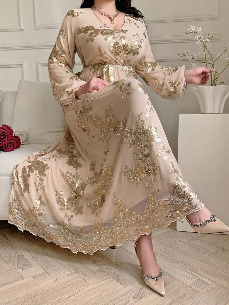 Dazy Plus Plus Size Valentine Sequin Floral V-Neck Cinched Waist A-Line Lantern Sleeve Chiffon Elegant Maxi Party Dress Sundress