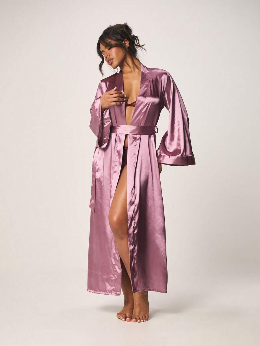 MISSGUIDED Luxurious Satin Robe With Bell Sleeves And Tie Belt For Loungewear Sleepwear Bridal Party Gift - Mauve Purple - View 1