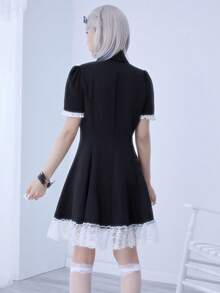 ROMWE EDITION 洛丽塔可爱交叉暗黑系朋克风卡哇伊蕾丝拼接迷你连衣裙女装 - 黑色 - 查看 3