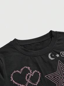 ROMWE Kawaii Y2K Sexy Chic Cat, Pentagram, Heart, Bow Emoticon Print Fitted Women T-Shirt - Black - View 3