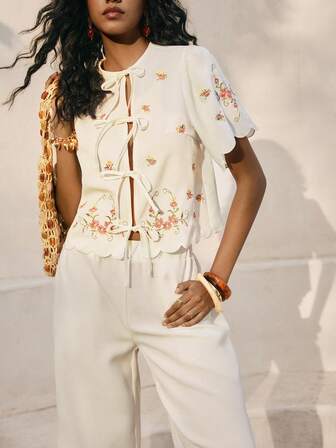 Poéselle Women's Ivory Two-Piece Set – Floral Embroidered Tie-Front Top With Scallop Hem + Wide-Leg Pants, Elegant Co-Ord Outfit For Vacation, Brunch, Garden Party & Day Events,Women's Floral Embroidery Pattern Drawstring Front Open Blouse And Wide Leg Pocket Pants Casual Outfit