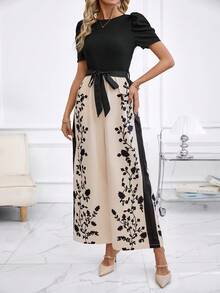 SHEIN Clasi 女士优雅度假风树叶印花系腰泡泡袖连体裤，夏季 - 彩色 - 查看 6