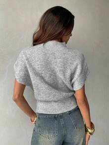 Aloruh Basic Gray Batwing Sleeve Casual Knit Top - Grey - View 2