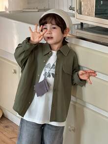 DAZY Young Boy Casual Solid Color Long Sleeve Shirt, Autumn Spring - Green - View 2