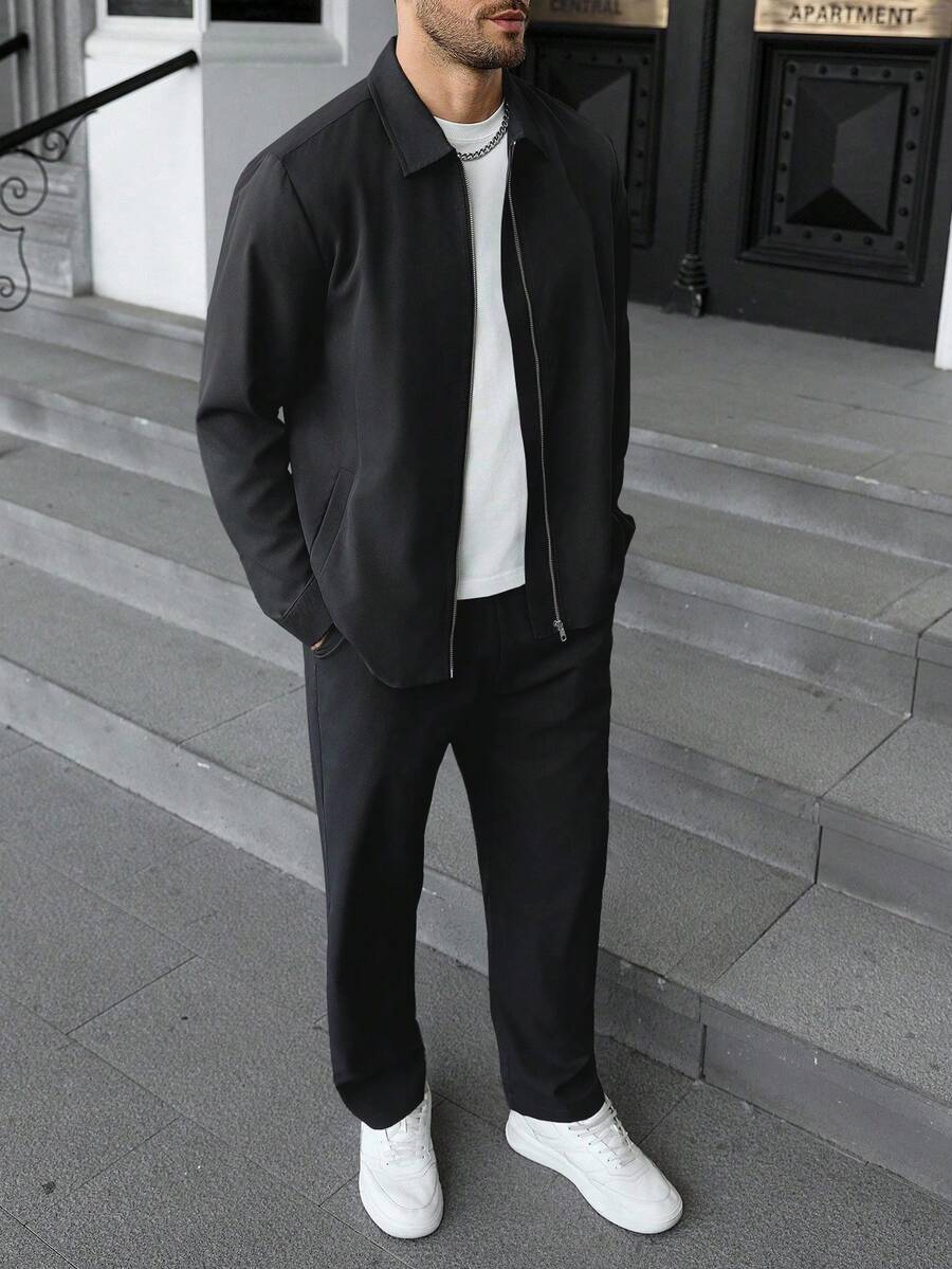 Manfinity CasualCool 男士纯色翻领拉链夹克搭配抽绳腰长裤休闲通勤套装 - 黑色 - 查看 1