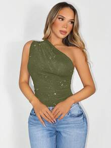 Zolique Solid Color Oblique Shoulder Fitted Sleeveless Bodysuit, Summer - Army Green - View 5