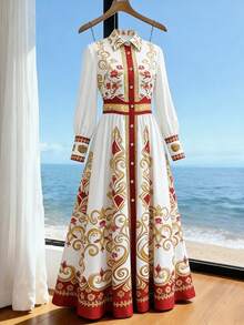 Franclia 复古印花连衣裙，领口、荷叶边下摆，复古宫廷风，度假必备 - 紅白色 - 查看 4