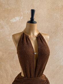 Soleia 女士性感复古图案网纱深V领串珠装饰紧身迷你连衣裙，适合节日派对、圣诞节、约会之夜、夜店、波西米亚风、度假、秋季等场合。 - 棕色 - 查看 5