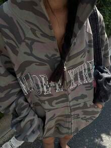 INAWLY Áo khoác trùm đầu họa tiết camo thường ngày dành cho nữ có túi và trang trí pha lê, dáng rộng, mùa xuân/hè - Nhiều màu - Xem 5