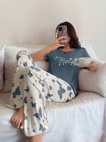 SHEIN Casual Underwear&Sleepwear 蝴蝶字母印花短袖長褲女款睡衣套裝 灰藍米色舒適居家睡衣套裝 夏季可愛日系風 - 霧霾藍 - 查看 5