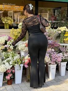 GalTyme Autumn/Winter Swan Collar Asymmetric Ruched Long Sleeve T-Shirt Paired With Flared Leg Pants, Black Stretchy Knit 2-Piece Set, Suitable For Casual, Dating, Party, Back To School, Commuting