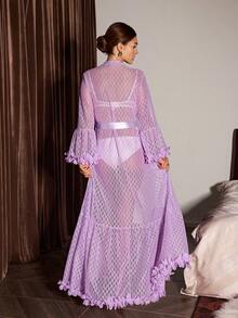 Slumberist 3D Floral Decor Jacquard Mesh Extra Long Women Robe Purple Night Gown Mesh Robe - Lilac Purple - View 7