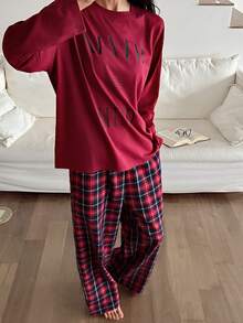 DAZY 2pcs Women Graphic Print Loose Long Sleeve Plaid Pajama Set