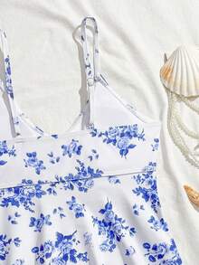 SHEIN Bộ đồ bơi tankini họa tiết hoa dành cho thiếu nữ, kiểu đan chéo. - Màu xanh lam - Xem 4