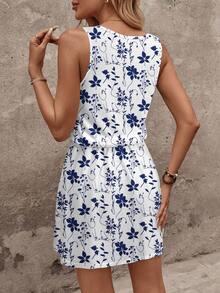 EMERY ROSE Women's Casual Blue & White Leaf Print Retro Mini Dress, Suitable For Spring/Summer - Multicolor - View 2
