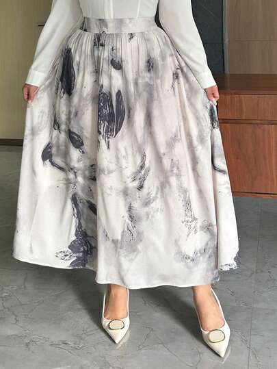 Dazy Plus 松紧腰水墨印花不对称宽松A字裙，优雅