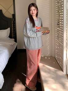 Dazy Plus Plus Size Women Cute Dog Print Loose Long Sleeve Top And Plaid Straight Leg Pants Pajama Set, Spring/Summer/Autumn - Grey - View 4