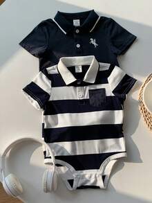SHEIN 2pcs/Set Newborn Baby Boy Toddler Navy Striped Short Sleeve Bodysuit Outfit, Comfortable, Fashionable, Versatile, Casual, All-Match Style, Suitable For Indoor, Outdoor, Daily Wear, Sports, Play, Party, Photo Shoot, Holiday, Fall