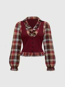 ROMWE Goth 返校季复古哥特格子拼接长袖衬衫，大码女装 - 彩色 - 查看 1