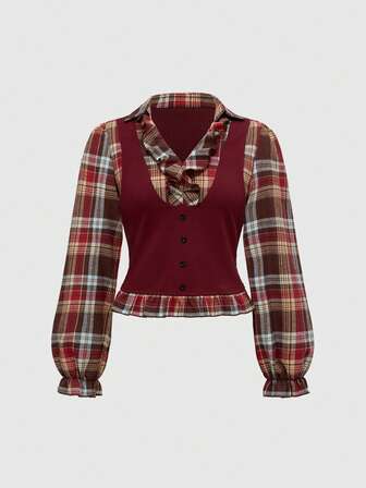 Vintage Gothic Karomuster Patchwork Langarm Bluse für Damen in Große Größen, ideal für den Schulanfang