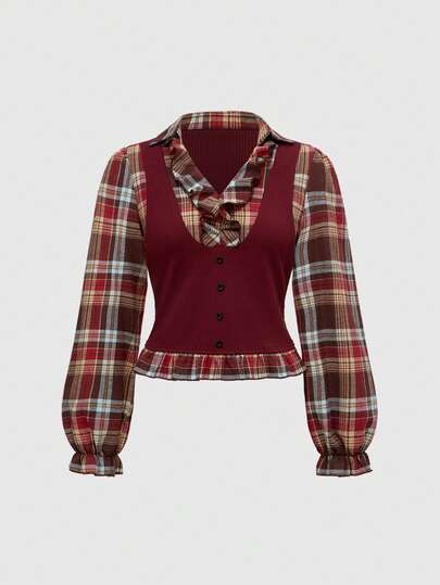 Back To School Vintage Gothic Plaid Patchwork Long Sleeve Shirt Blouse For Plus Size Women