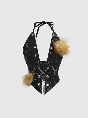 J-Fashion Top court en jean à encolure bateaux avec patchwork de sequins Y2K pour femmes