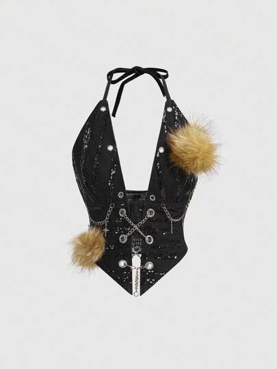 J-Fashion Y2K Pailletten Patchwork Neckholder Denim Crop Top für Frauen