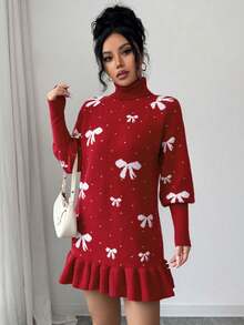 Elenzga Women's Elegant Turtleneck Bowknot Jacquard Tassel Hem Long Sleeve Sweater Dress, Autumn/Winter - Red - View 3