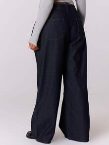 MUSERA 加大码深色水洗高腰阔腿宽松牛仔裤，休闲可爱，适合夏季度假、休闲旅行、优雅集体办公穿着，日常时尚百搭。 - 藍色 - 查看 4
