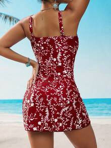 Swim Lushoire Costum de baie dintr-o singură piesă pentru femei, cu imprimeu floral integral, pentru vacanță și plajă - Roșu și alb - Vizualizare 2