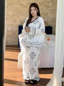 Dazy Plus 2 pezzi/Set Pigiama con top e pantaloni eleganti e morbidi con stampa floreale, taglie forti per donna, primavera/estate/autunno - Bianco e nero - Visualizzare 7