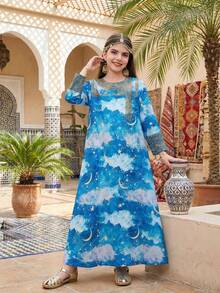 SHEIN 少女休闲圆领长袖连衣裙 - 藍色 - 查看 4